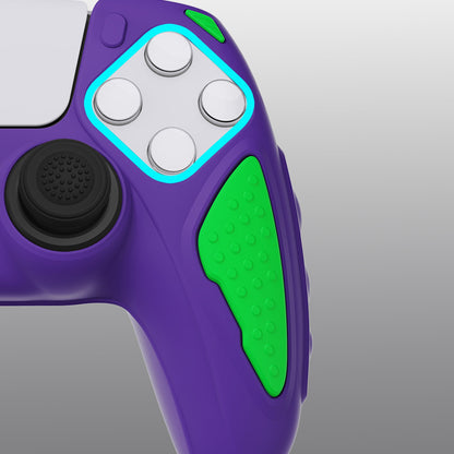 PlayVital Knight Edition Anti-Slip Silicone Cover Skin with Thumb Grip Caps for PS5 Wireless Controller - Neon Genesis Purple & Green - QSPF015 PlayVital