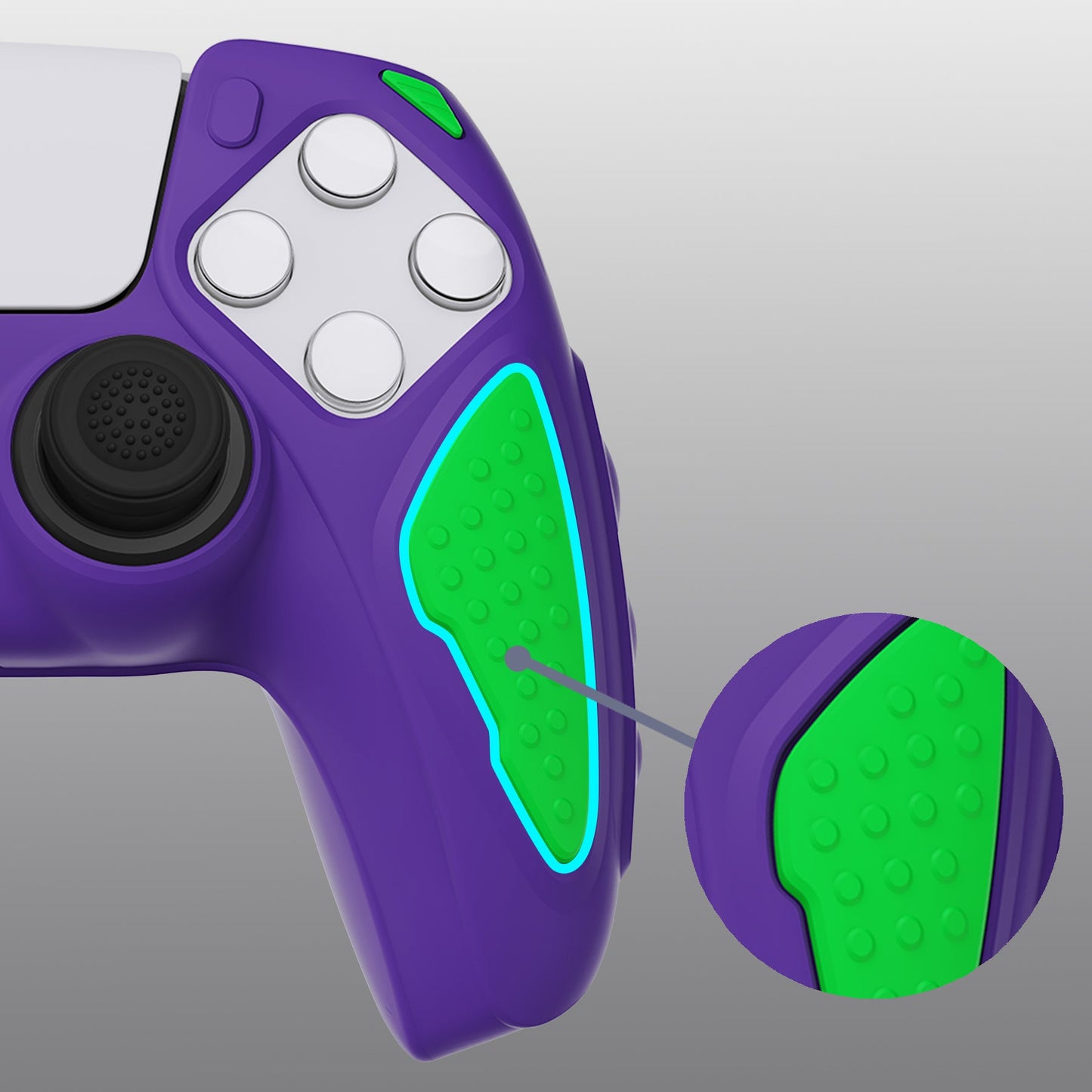 PlayVital Knight Edition Anti-Slip Silicone Cover Skin with Thumb Grip Caps for PS5 Wireless Controller - Neon Genesis Purple & Green - QSPF015 PlayVital