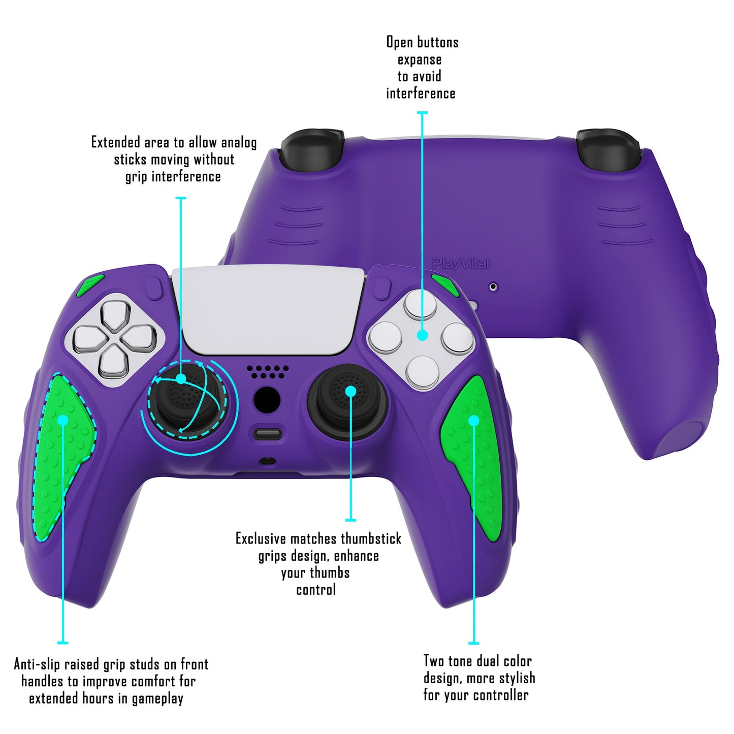 PlayVital Knight Edition Anti-Slip Silicone Cover Skin with Thumb Grip Caps for PS5 Wireless Controller - Neon Genesis Purple & Green - QSPF015 PlayVital