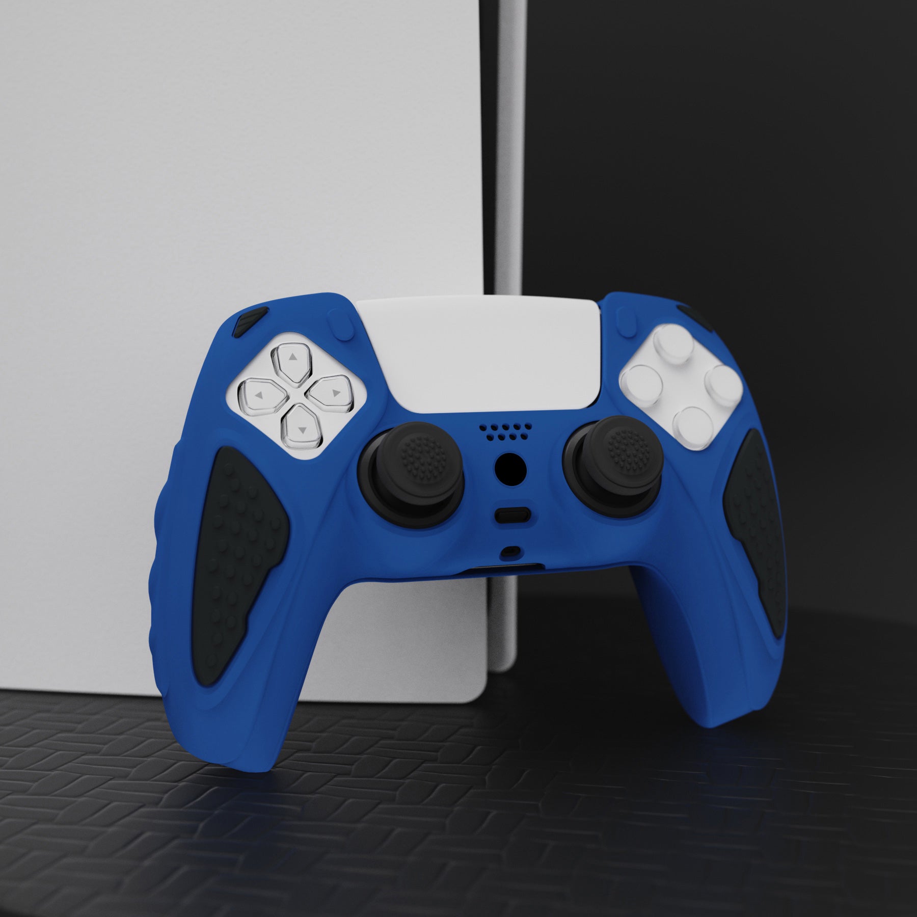 PlayVital Knight Edition Anti-Slip Silicone Cover Skin with Thumb Grip Caps for PS5 Wireless Controller - Passion Blue & Black - QSPF007 PlayVital