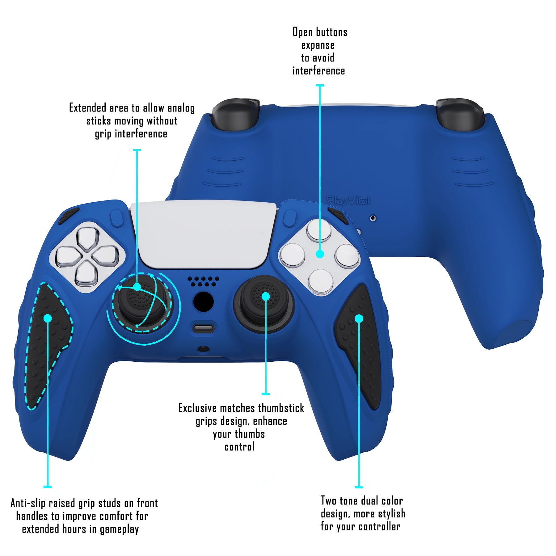 PlayVital Knight Edition Anti-Slip Silicone Cover Skin with Thumb Grip Caps for PS5 Wireless Controller - Passion Blue & Black - QSPF007 PlayVital