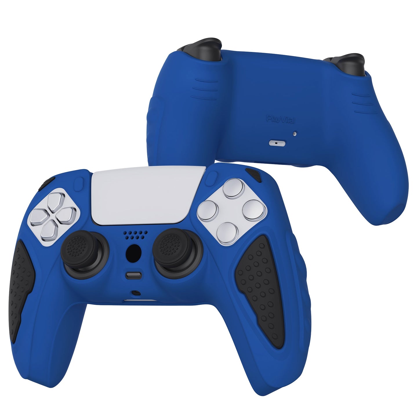 PlayVital Knight Edition Anti-Slip Silicone Cover Skin with Thumb Grip Caps for PS5 Wireless Controller - Passion Blue & Black - QSPF007 PlayVital