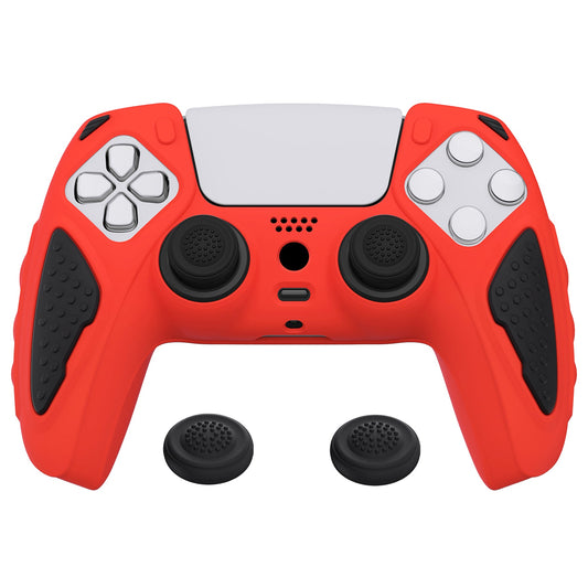 PlayVital Knight Edition Anti-Slip Silicone Cover Skin with Thumb Grip Caps for PS5 Wireless Controller - Passion Red & Black - QSPF005 PlayVital