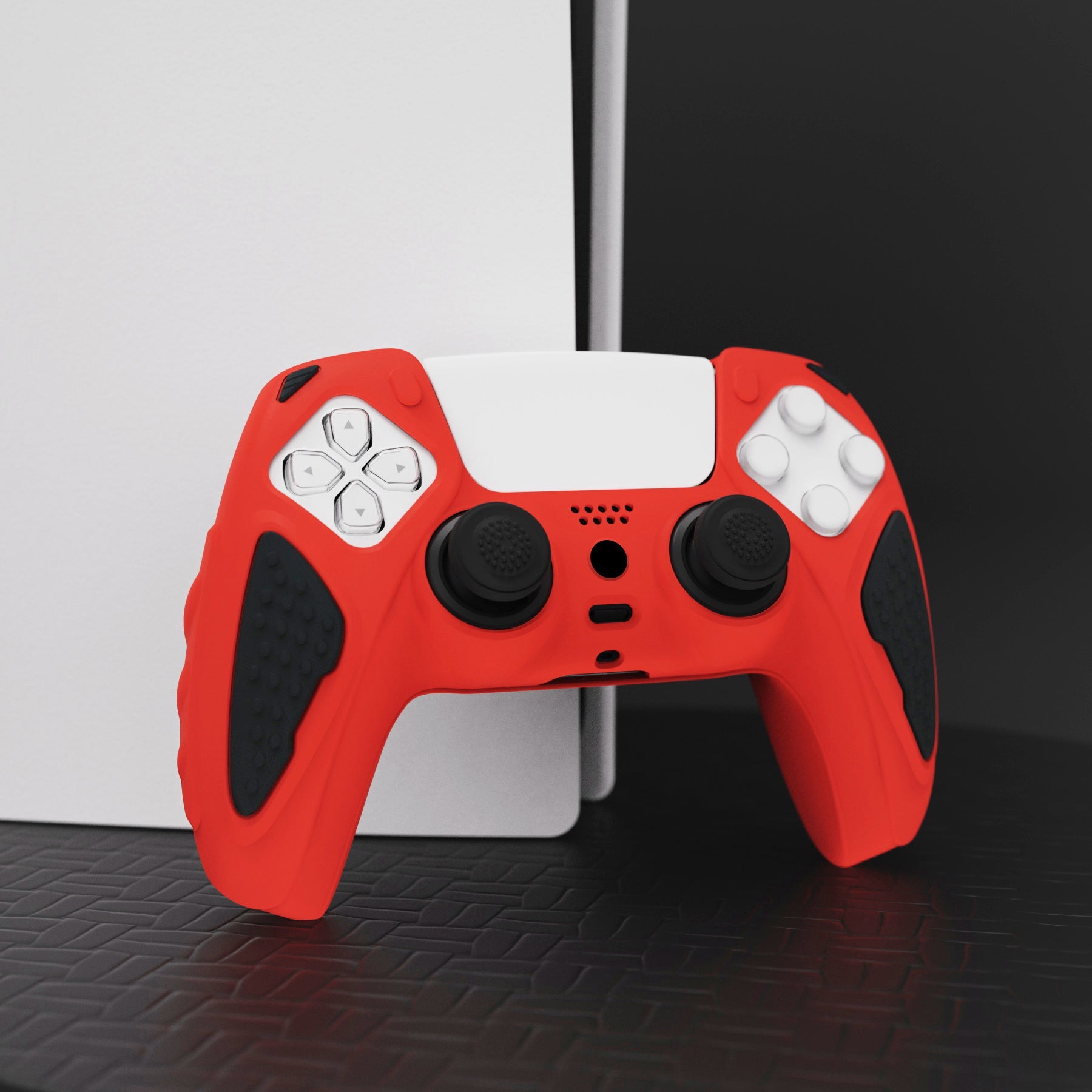 PlayVital Knight Edition Anti-Slip Silicone Cover Skin with Thumb Grip Caps for PS5 Wireless Controller - Passion Red & Black - QSPF005 PlayVital