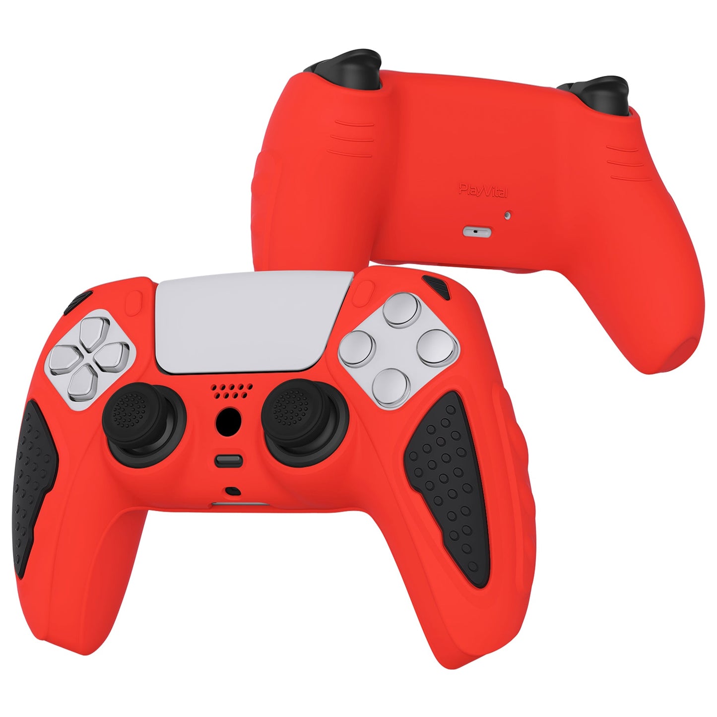 PlayVital Knight Edition Anti-Slip Silicone Cover Skin with Thumb Grip Caps for PS5 Wireless Controller - Passion Red & Black - QSPF005 PlayVital