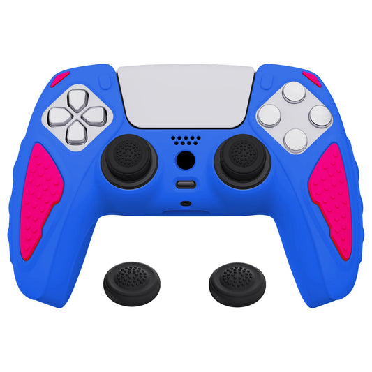 PlayVital Knight Edition Anti-Slip Silicone Cover Skin with Thumb Grip Caps for PS5 Wireless Controller - Primary Blue & Bright Pink - QSPF013 PlayVital