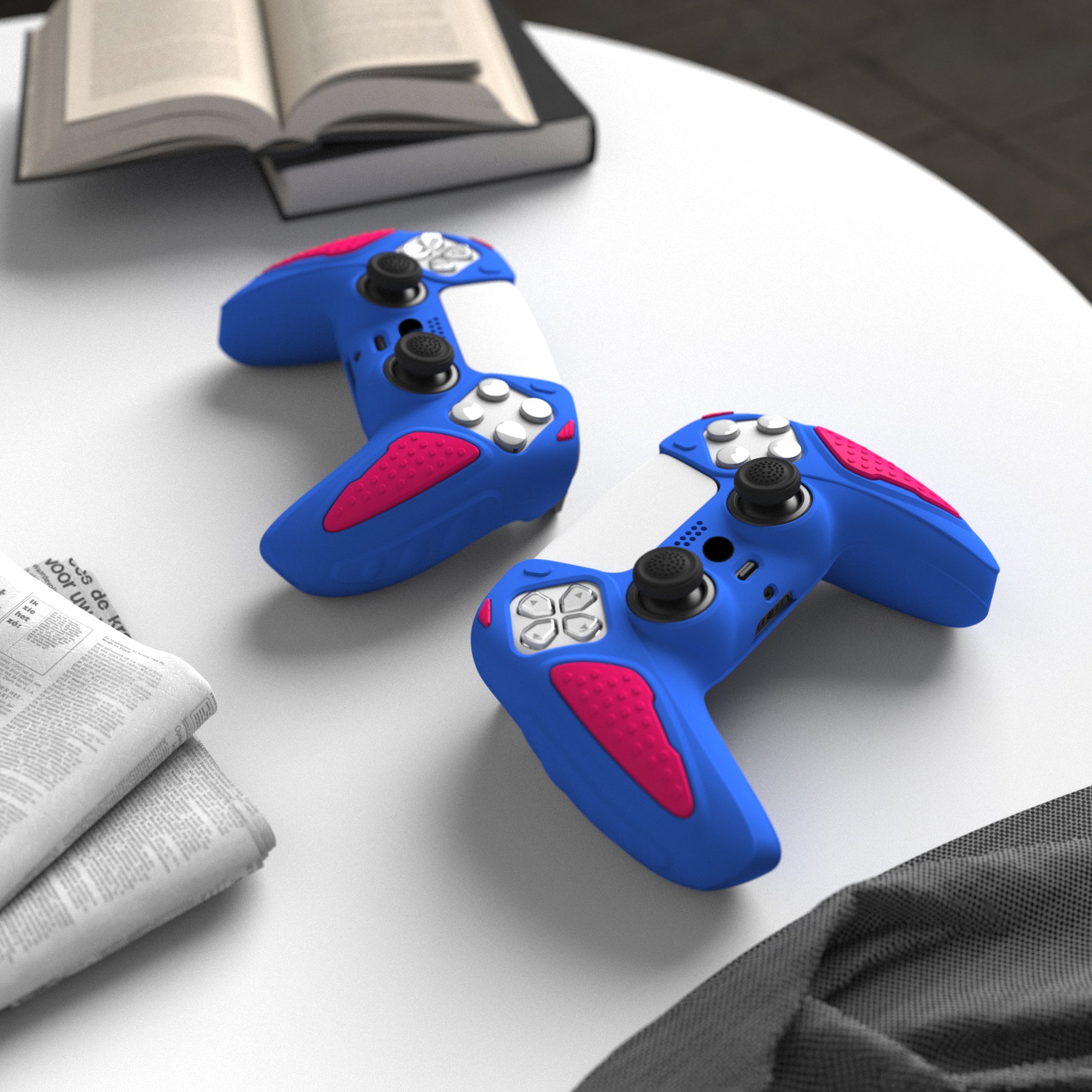 PlayVital Knight Edition Anti-Slip Silicone Cover Skin with Thumb Grip Caps for PS5 Wireless Controller - Primary Blue & Bright Pink - QSPF013 PlayVital