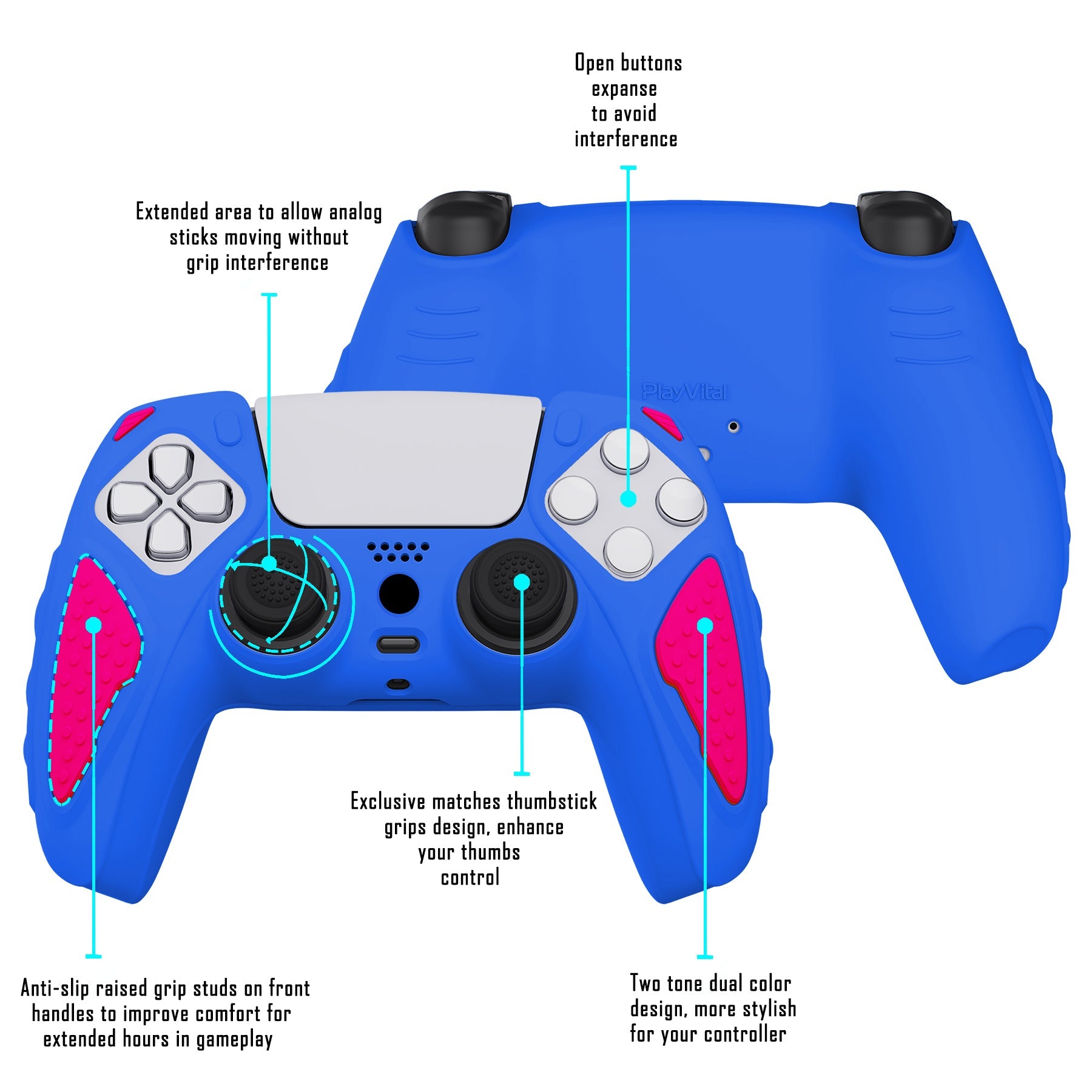 PlayVital Knight Edition Anti-Slip Silicone Cover Skin with Thumb Grip Caps for PS5 Wireless Controller - Primary Blue & Bright Pink - QSPF013 PlayVital