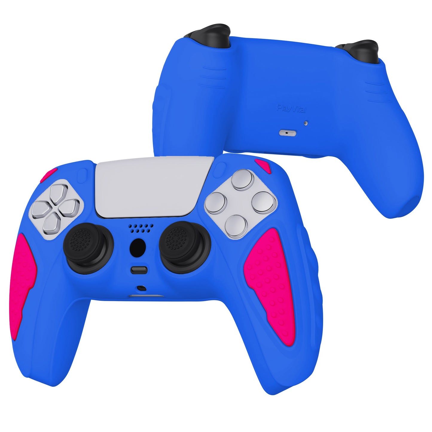 PlayVital Knight Edition Anti-Slip Silicone Cover Skin with Thumb Grip Caps for PS5 Wireless Controller - Primary Blue & Bright Pink - QSPF013 PlayVital