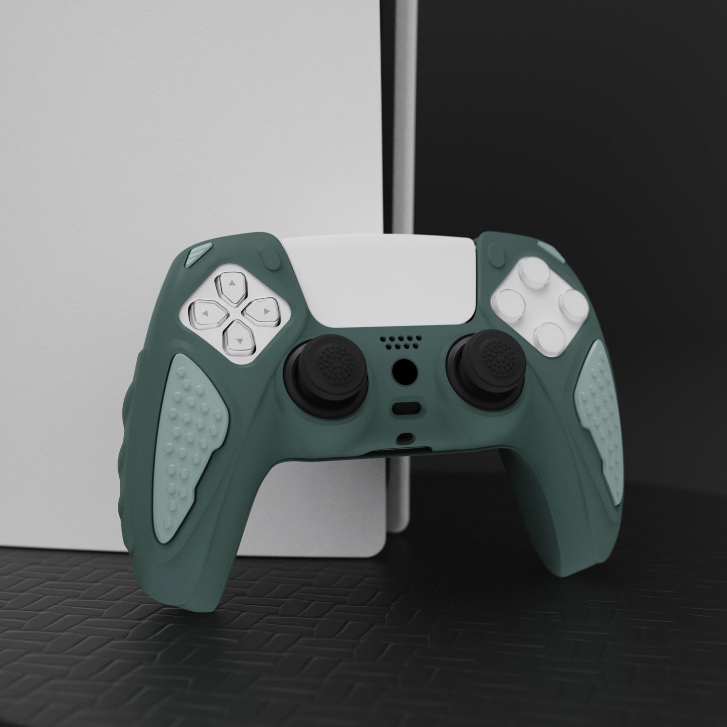 PlayVital Knight Edition Anti-Slip Silicone Cover Skin with Thumb Grip Caps for PS5 Wireless Controller - Templeton Gray & Jade Grey - QSPF012 PlayVital