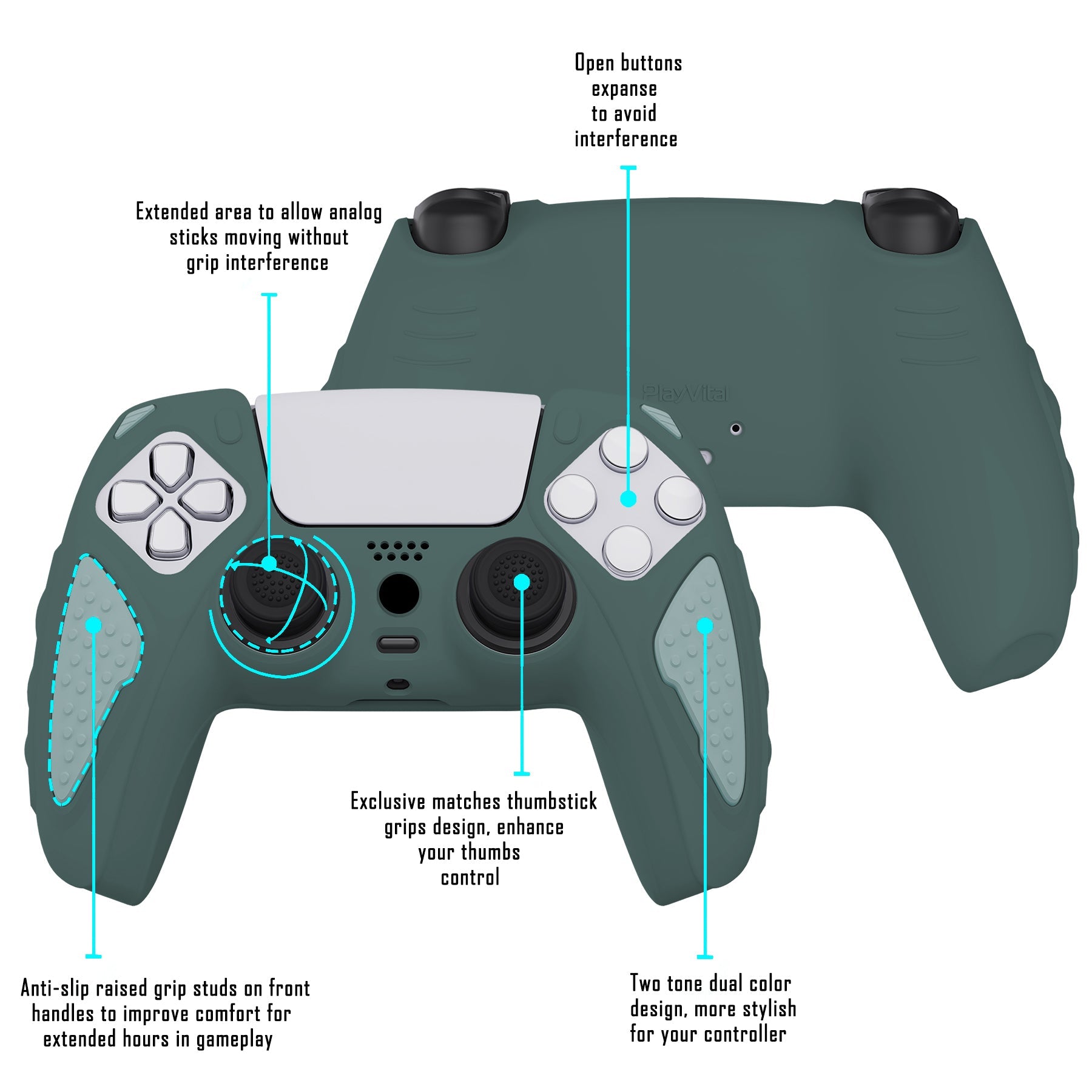 PlayVital Knight Edition Anti-Slip Silicone Cover Skin with Thumb Grip Caps for PS5 Wireless Controller - Templeton Gray & Jade Grey - QSPF012 PlayVital