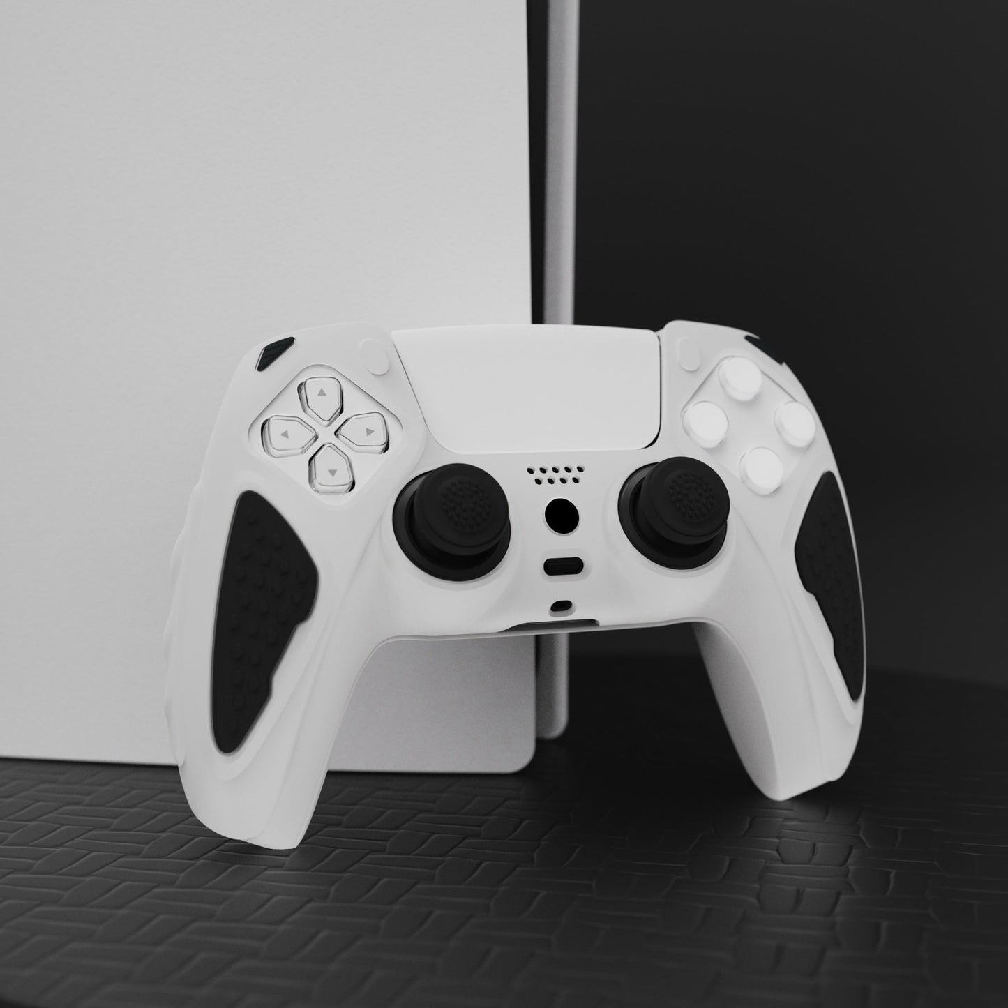 PlayVital Knight Edition Anti-Slip Silicone Cover Skin with Thumb Grip Caps for PS5 Wireless Controller - White & Black - QSPF004 PlayVital