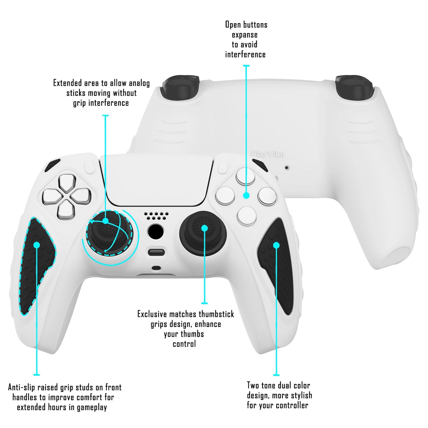 PlayVital Knight Edition Anti-Slip Silicone Cover Skin with Thumb Grip Caps for PS5 Wireless Controller - White & Black - QSPF004 PlayVital