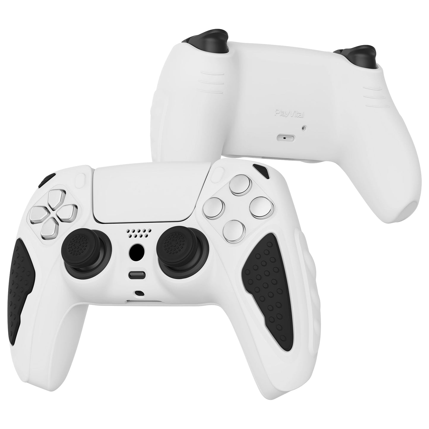 PlayVital Knight Edition Anti-Slip Silicone Cover Skin with Thumb Grip Caps for PS5 Wireless Controller - White & Black - QSPF004 PlayVital