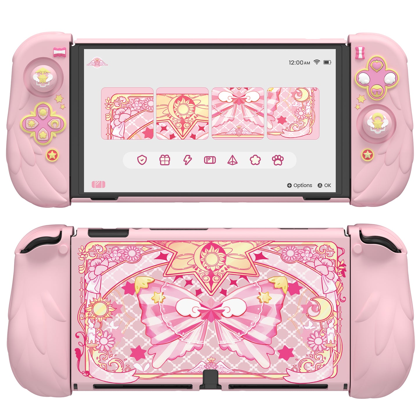 PlayVital 魔法の翼 ドック対応 ハードシェル保護ケース Nintendo Switch OLED 用 サムグリップキャップ＆追加スタンド付き【ピンク】