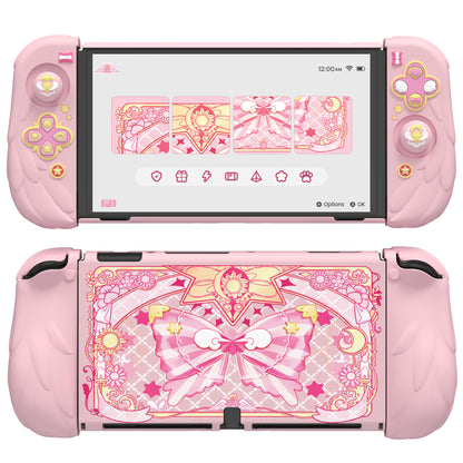 PlayVital 魔法の翼 ドック対応 ハードシェル保護ケース Nintendo Switch OLED 用 サムグリップキャップ＆追加スタンド付き【ピンク】