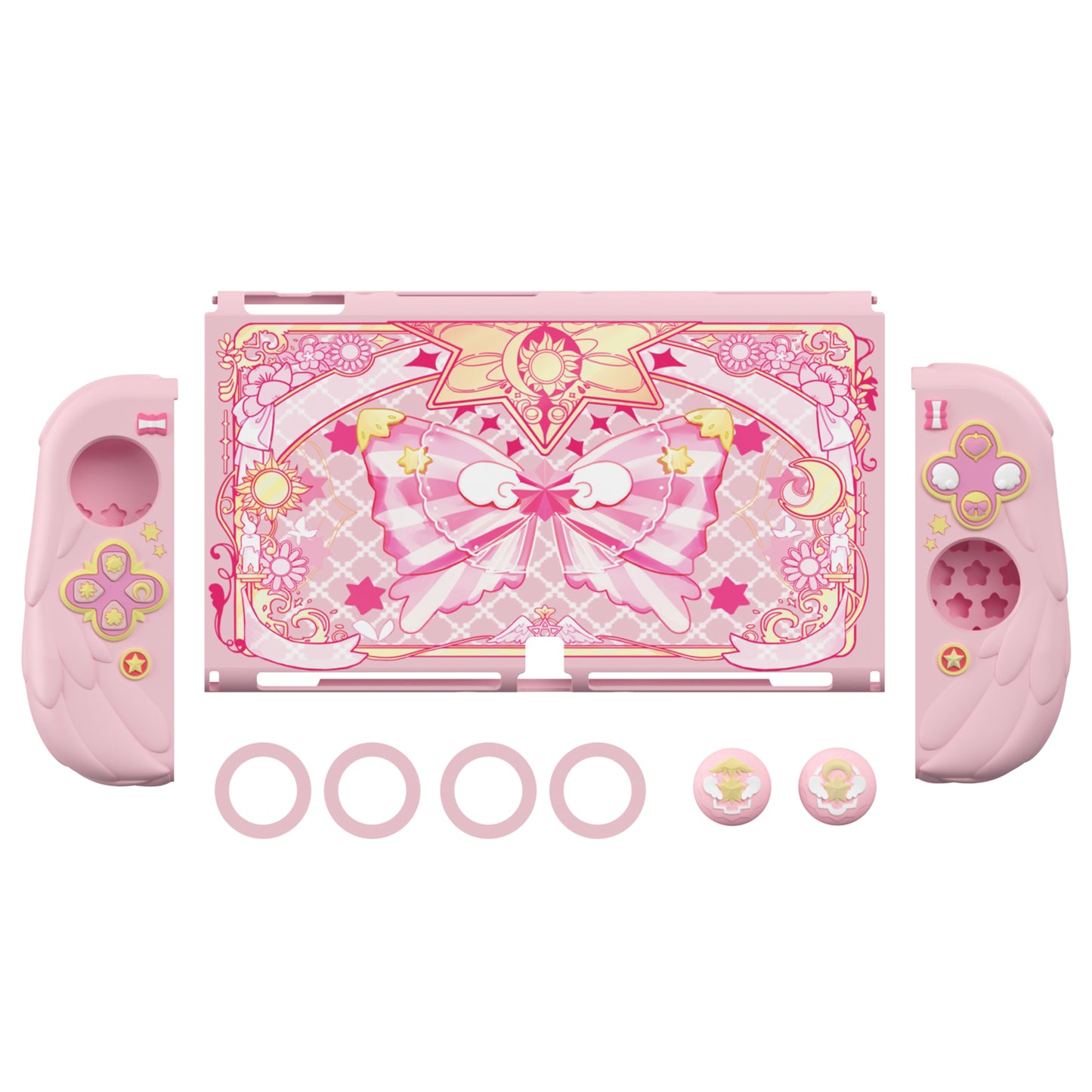 PlayVital 魔法の翼 ドック対応 ハードシェル保護ケース Nintendo Switch OLED 用 サムグリップキャップ＆追加スタンド付き【ピンク】