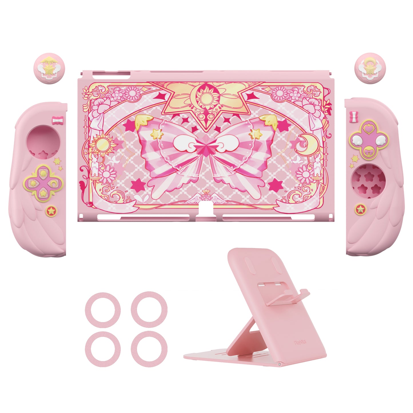 PlayVital 魔法の翼 ドック対応 ハードシェル保護ケース Nintendo Switch OLED 用 サムグリップキャップ＆追加スタンド付き【ピンク】
