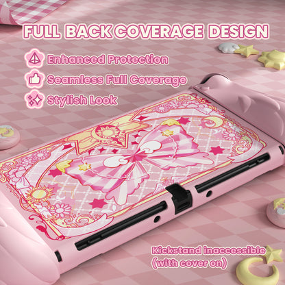 PlayVital 魔法の翼 ドック対応 ハードシェル保護ケース Nintendo Switch OLED 用 サムグリップキャップ＆追加スタンド付き【ピンク】