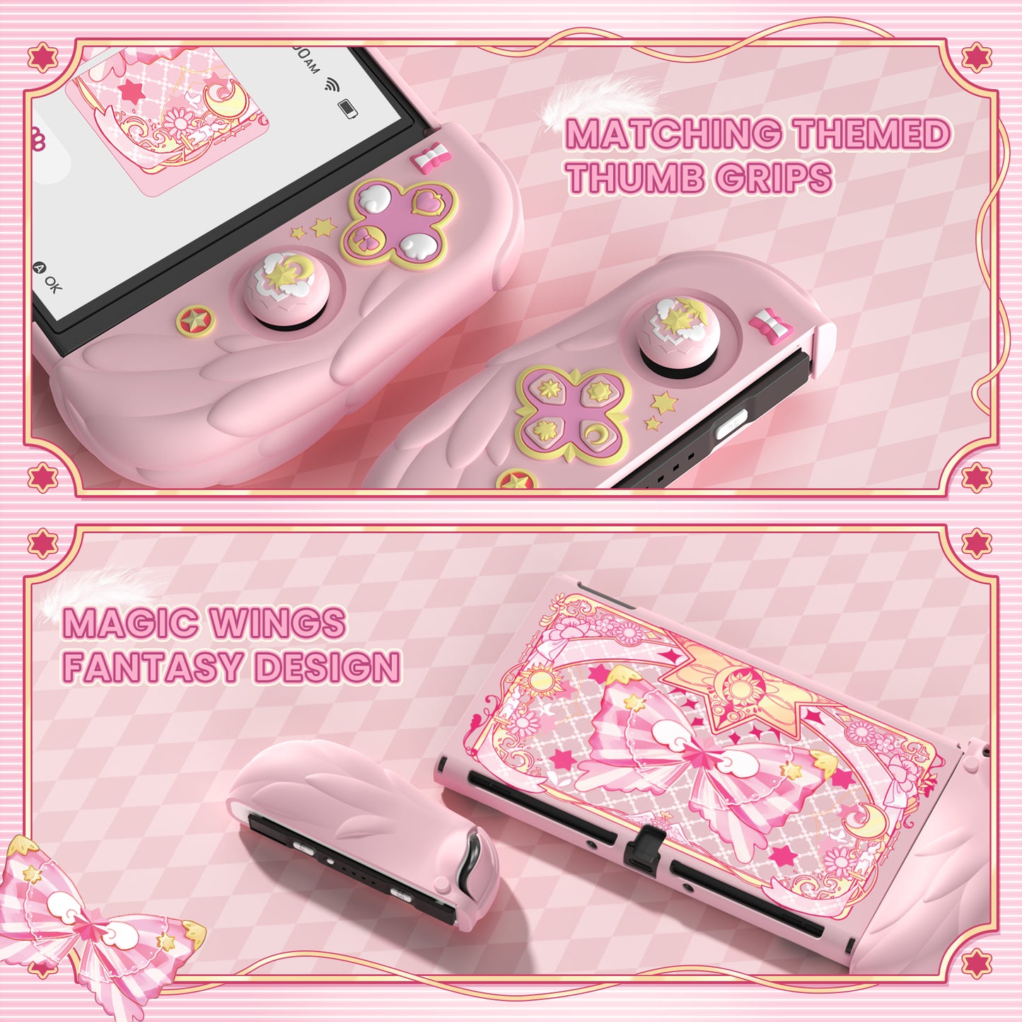 PlayVital 魔法の翼 ドック対応 ハードシェル保護ケース Nintendo Switch OLED 用 サムグリップキャップ＆追加スタンド付き【ピンク】