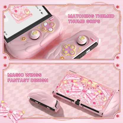 PlayVital 魔法の翼 ドック対応 ハードシェル保護ケース Nintendo Switch OLED 用 サムグリップキャップ＆追加スタンド付き【ピンク】