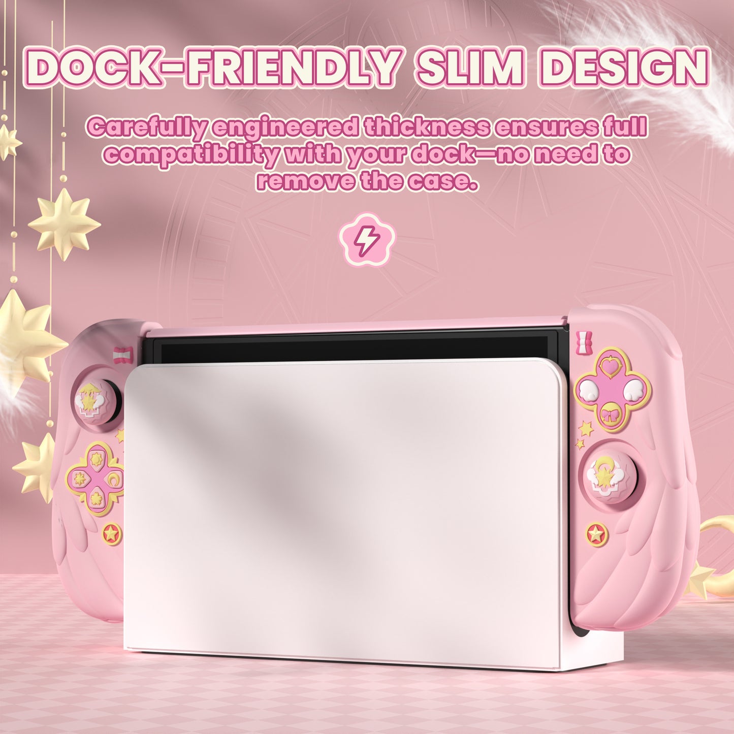 PlayVital 魔法の翼 ドック対応 ハードシェル保護ケース Nintendo Switch OLED 用 サムグリップキャップ＆追加スタンド付き【ピンク】