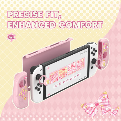 PlayVital 魔法の翼 ドック対応 ハードシェル保護ケース Nintendo Switch OLED 用 サムグリップキャップ＆追加スタンド付き【ピンク】