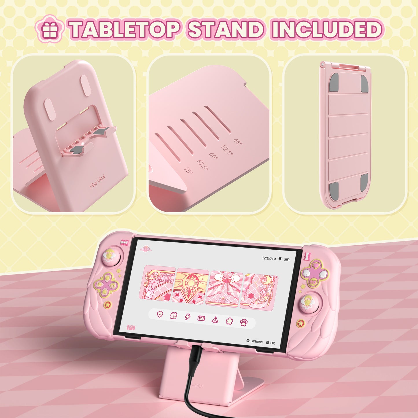 PlayVital 魔法の翼 ドック対応 ハードシェル保護ケース Nintendo Switch OLED 用 サムグリップキャップ＆追加スタンド付き【ピンク】