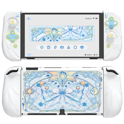 PlayVital 魔法の翼 ドック対応 ハードシェル保護ケース Nintendo Switch OLED 用 サムグリップキャップ＆追加スタンド付き【ホワイト】
