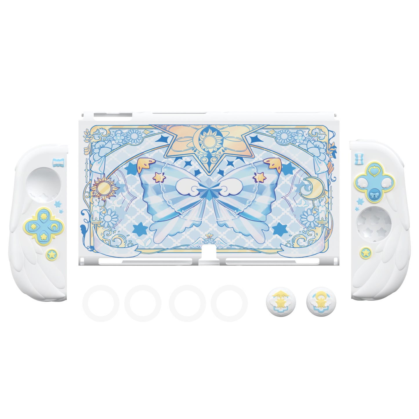 PlayVital 魔法の翼 ドック対応 ハードシェル保護ケース Nintendo Switch OLED 用 サムグリップキャップ＆追加スタンド付き【ホワイト】
