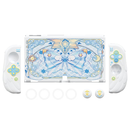 PlayVital 魔法の翼 ドック対応 ハードシェル保護ケース Nintendo Switch OLED 用 サムグリップキャップ＆追加スタンド付き【ホワイト】