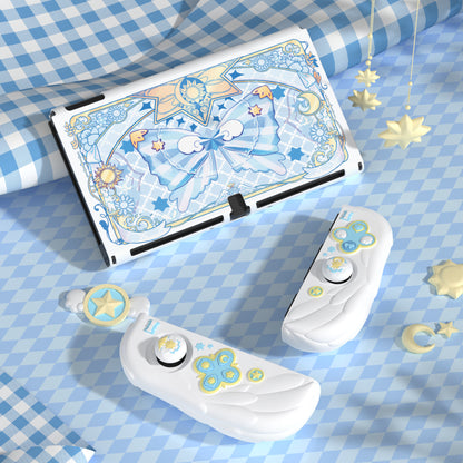PlayVital 魔法の翼 ドック対応 ハードシェル保護ケース Nintendo Switch OLED 用 サムグリップキャップ＆追加スタンド付き【ホワイト】