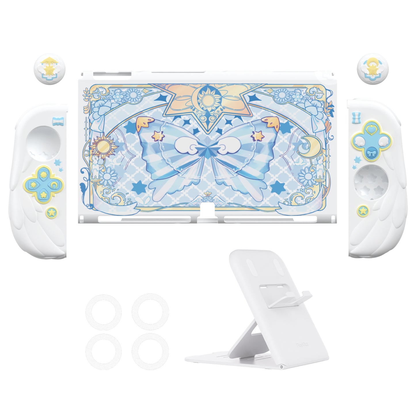 PlayVital 魔法の翼 ドック対応 ハードシェル保護ケース Nintendo Switch OLED 用 サムグリップキャップ＆追加スタンド付き【ホワイト】
