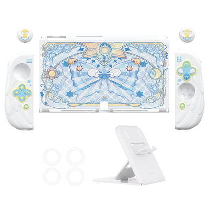 PlayVital 魔法の翼 ドック対応 ハードシェル保護ケース Nintendo Switch OLED 用 サムグリップキャップ＆追加スタンド付き【ホワイト】