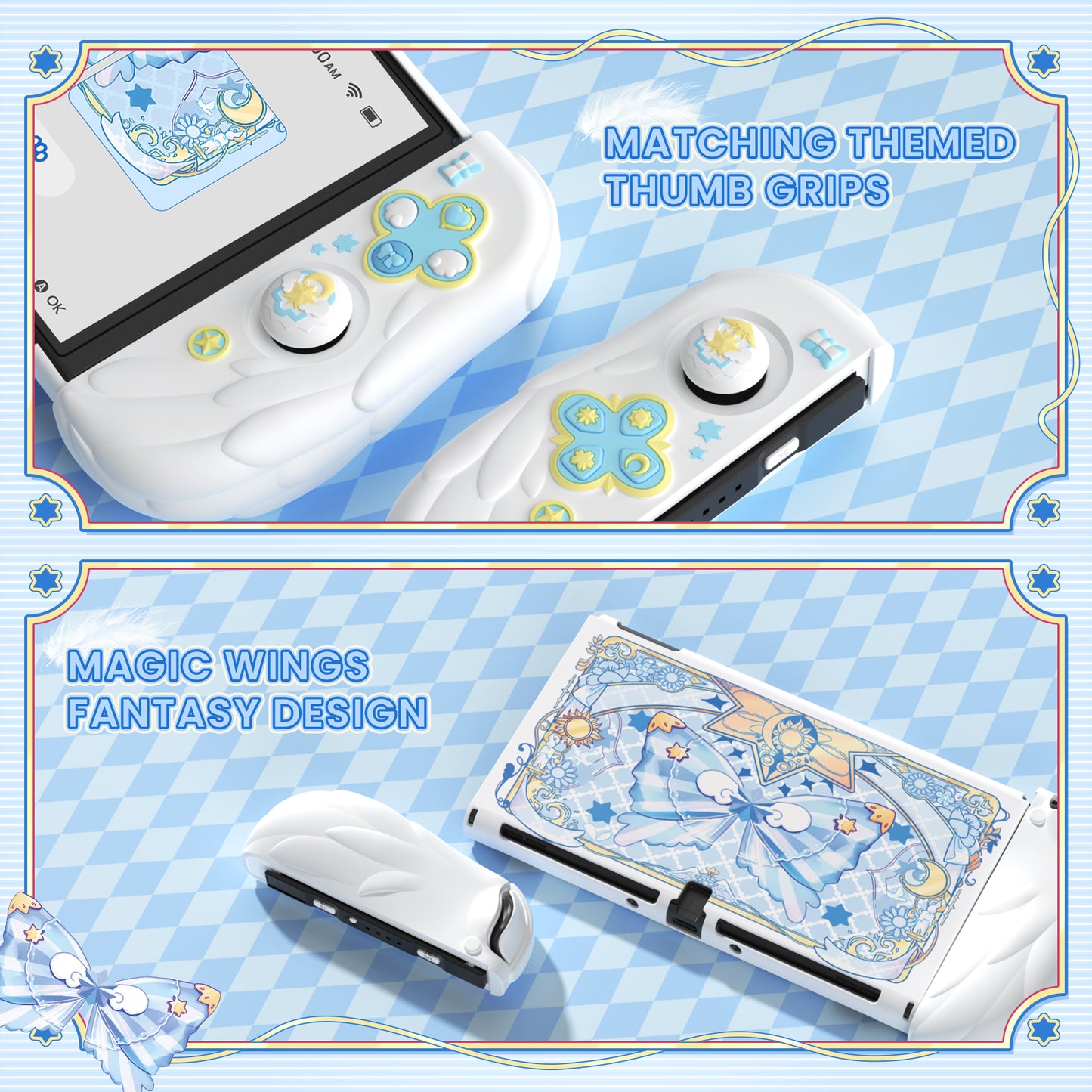 PlayVital 魔法の翼 ドック対応 ハードシェル保護ケース Nintendo Switch OLED 用 サムグリップキャップ＆追加スタンド付き【ホワイト】