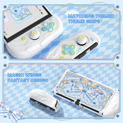 PlayVital 魔法の翼 ドック対応 ハードシェル保護ケース Nintendo Switch OLED 用 サムグリップキャップ＆追加スタンド付き【ホワイト】