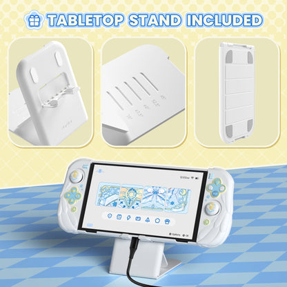 PlayVital 魔法の翼 ドック対応 ハードシェル保護ケース Nintendo Switch OLED 用 サムグリップキャップ＆追加スタンド付き【ホワイト】