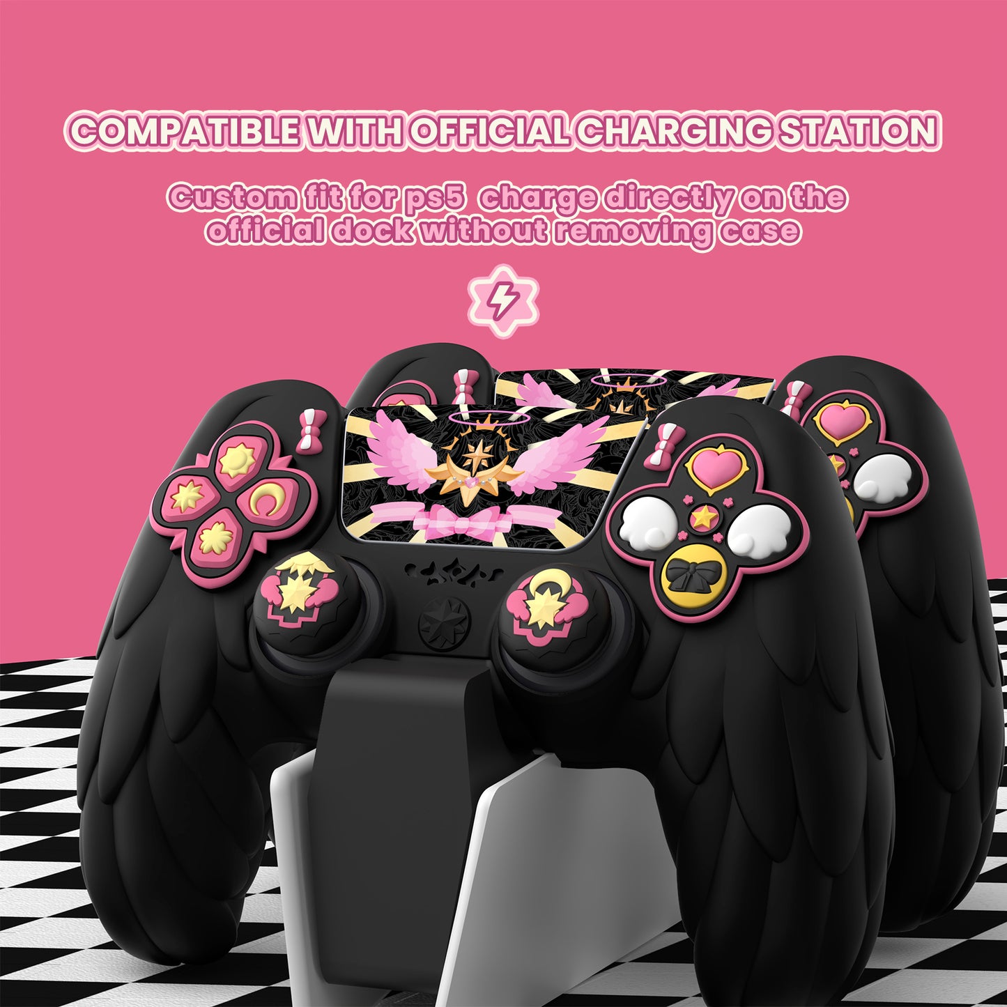 PlayVital Magic Wings シリコンカバー スキン for PS5 コントローラー 親指キャップ & テーマステッカー付き 充電スタンド対応【ブラック】