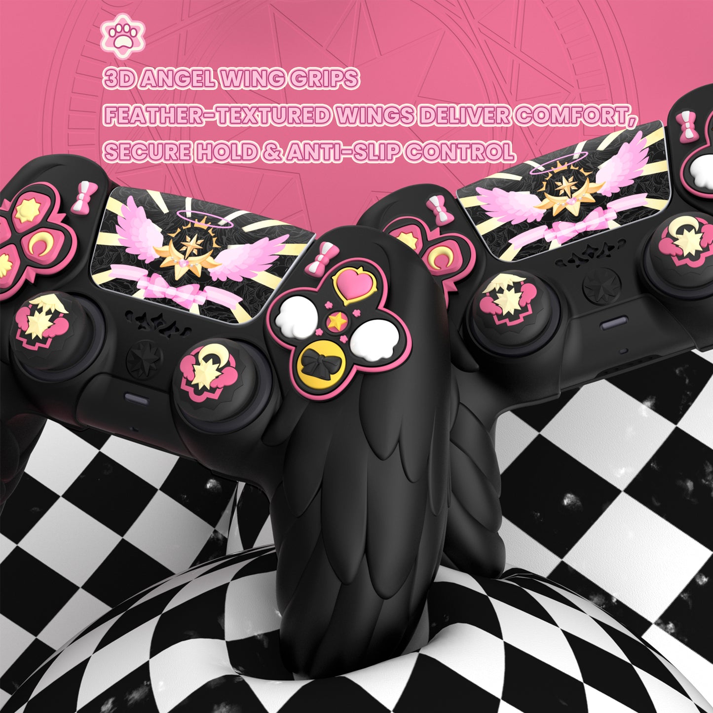 PlayVital Magic Wings シリコンカバー スキン for PS5 コントローラー 親指キャップ & テーマステッカー付き 充電スタンド対応【ブラック】