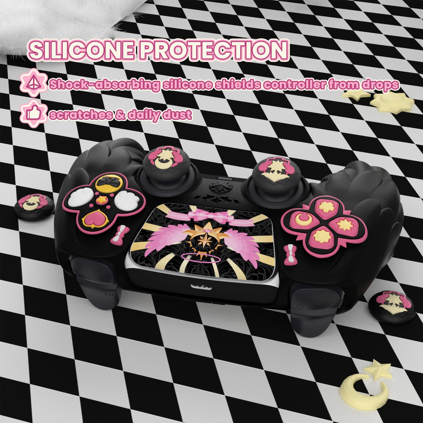 PlayVital Magic Wings シリコンカバー スキン for PS5 コントローラー 親指キャップ & テーマステッカー付き 充電スタンド対応【ブラック】