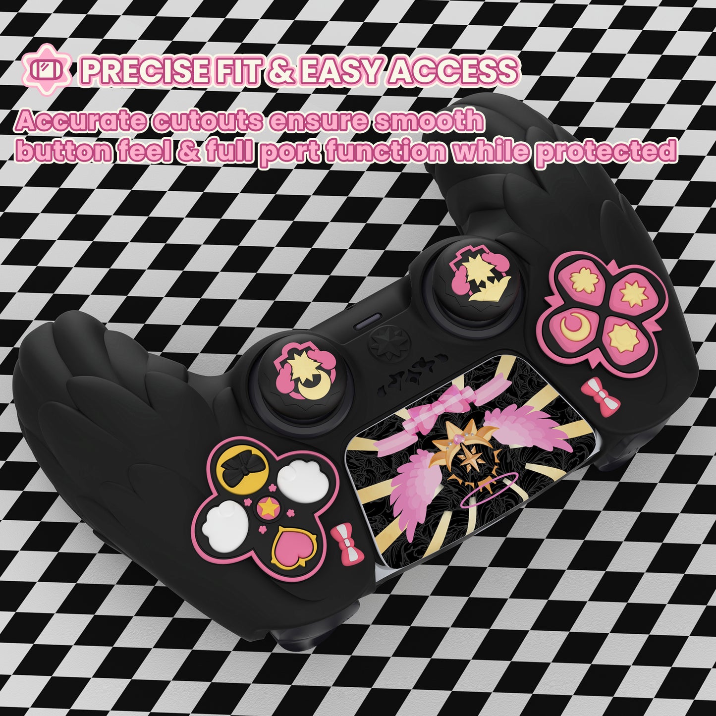 PlayVital Magic Wings シリコンカバー スキン for PS5 コントローラー 親指キャップ & テーマステッカー付き 充電スタンド対応【ブラック】