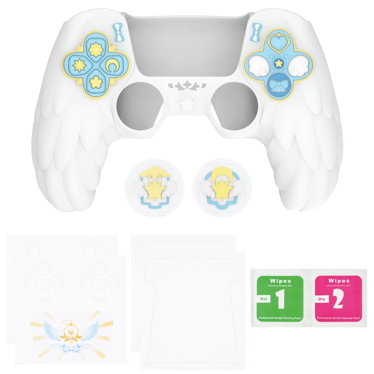 PlayVital 魔法の翼 シリコンカバー スキン for PS5 コントローラー 親指キャップ & テーマステッカー付き 充電スタンド対応【ホワイト】
