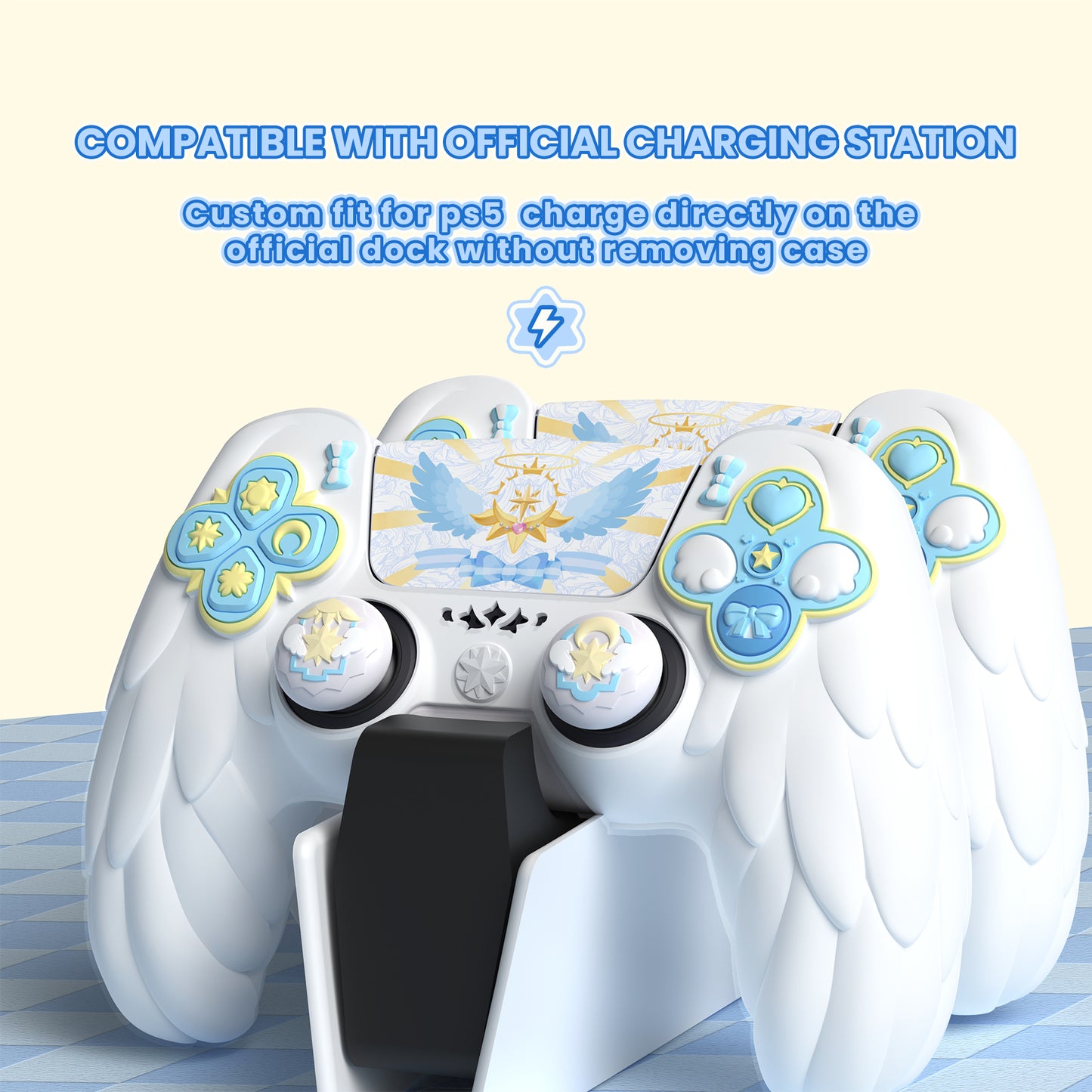PlayVital 魔法の翼 シリコンカバー スキン for PS5 コントローラー 親指キャップ & テーマステッカー付き 充電スタンド対応【ホワイト】