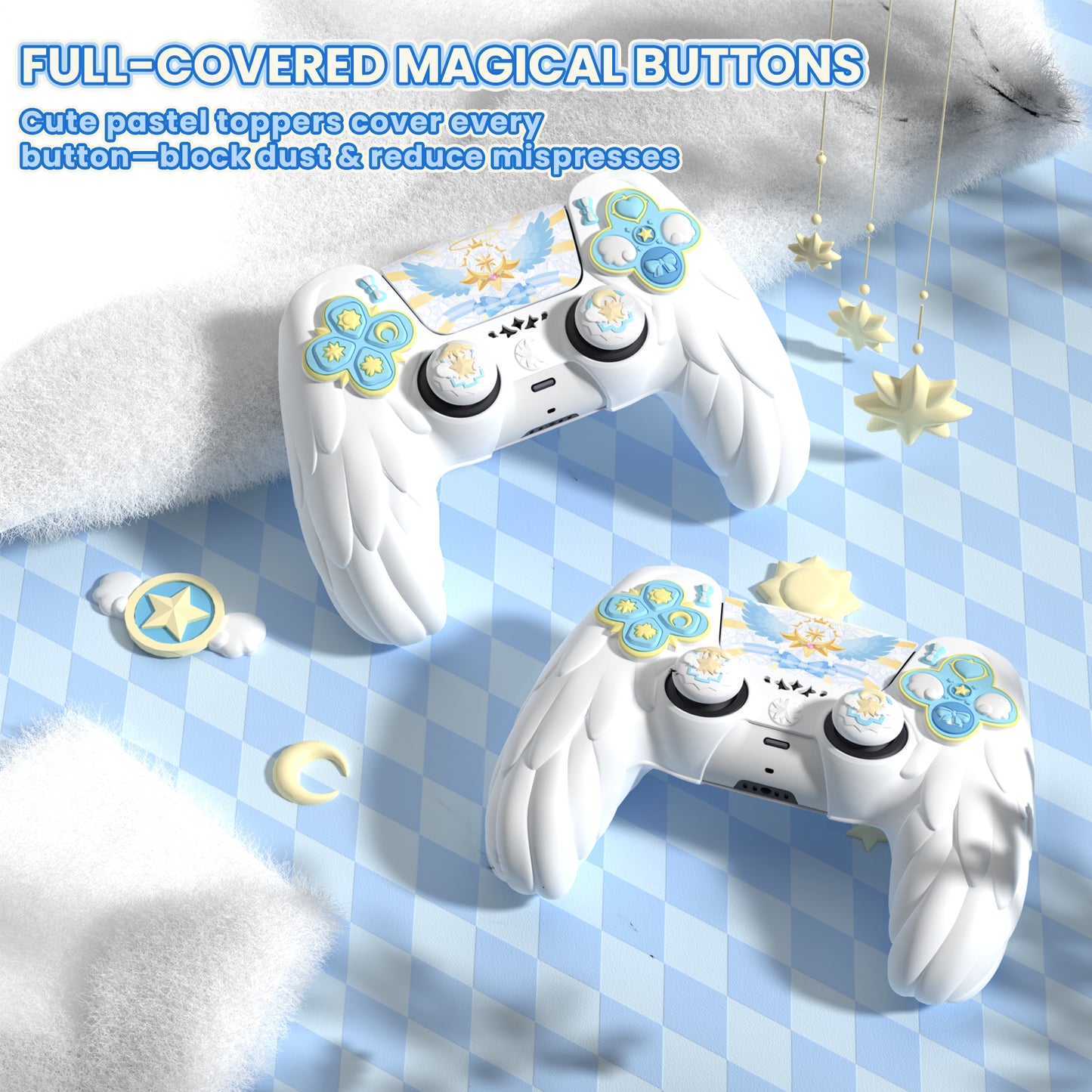PlayVital 魔法の翼 シリコンカバー スキン for PS5 コントローラー 親指キャップ & テーマステッカー付き 充電スタンド対応【ホワイト】