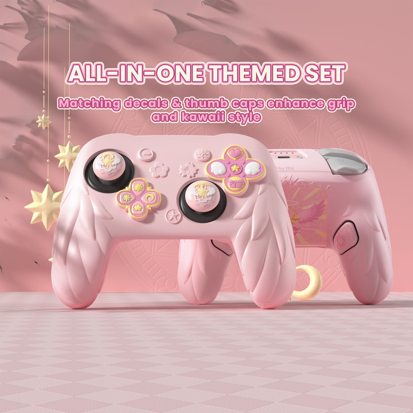 PlayVital 魔法の翼 シリコンカバー Nintendo Switch 2 Pro コントローラー用 バックボタンキャップ・サムグリップ・ステッカー付き 可愛い保護スキンケース【ピンク】