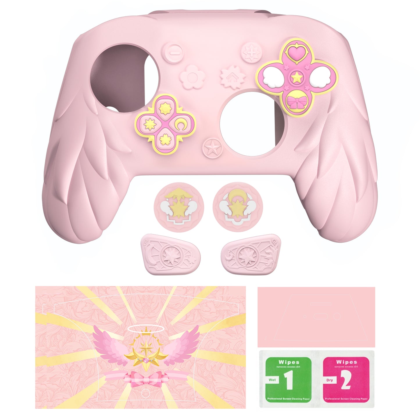 PlayVital 魔法の翼 シリコンカバー Nintendo Switch 2 Pro コントローラー用 バックボタンキャップ・サムグリップ・ステッカー付き 可愛い保護スキンケース【ピンク】