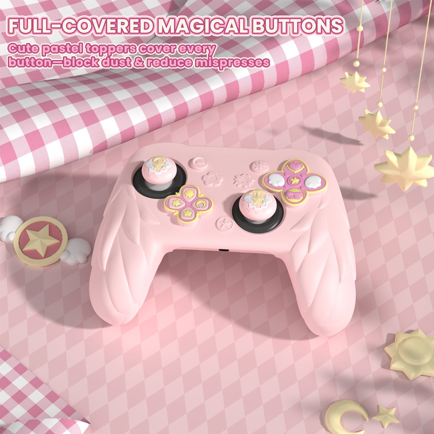 PlayVital 魔法の翼 シリコンカバー Nintendo Switch 2 Pro コントローラー用 バックボタンキャップ・サムグリップ・ステッカー付き 可愛い保護スキンケース【ピンク】