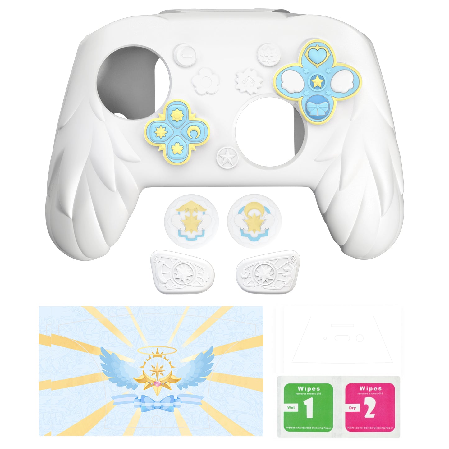 PlayVital 魔法の翼 シリコンカバー Nintendo Switch 2 Pro コントローラー用 バックボタンキャップ・サムグリップ・ステッカー付き 可愛い保護スキンケース【ホワイト】