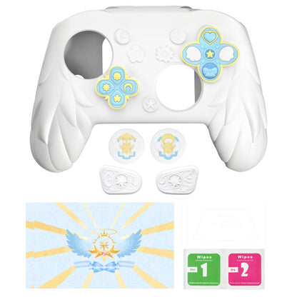 PlayVital 魔法の翼 シリコンカバー Nintendo Switch 2 Pro コントローラー用 バックボタンキャップ・サムグリップ・ステッカー付き 可愛い保護スキンケース【ホワイト】