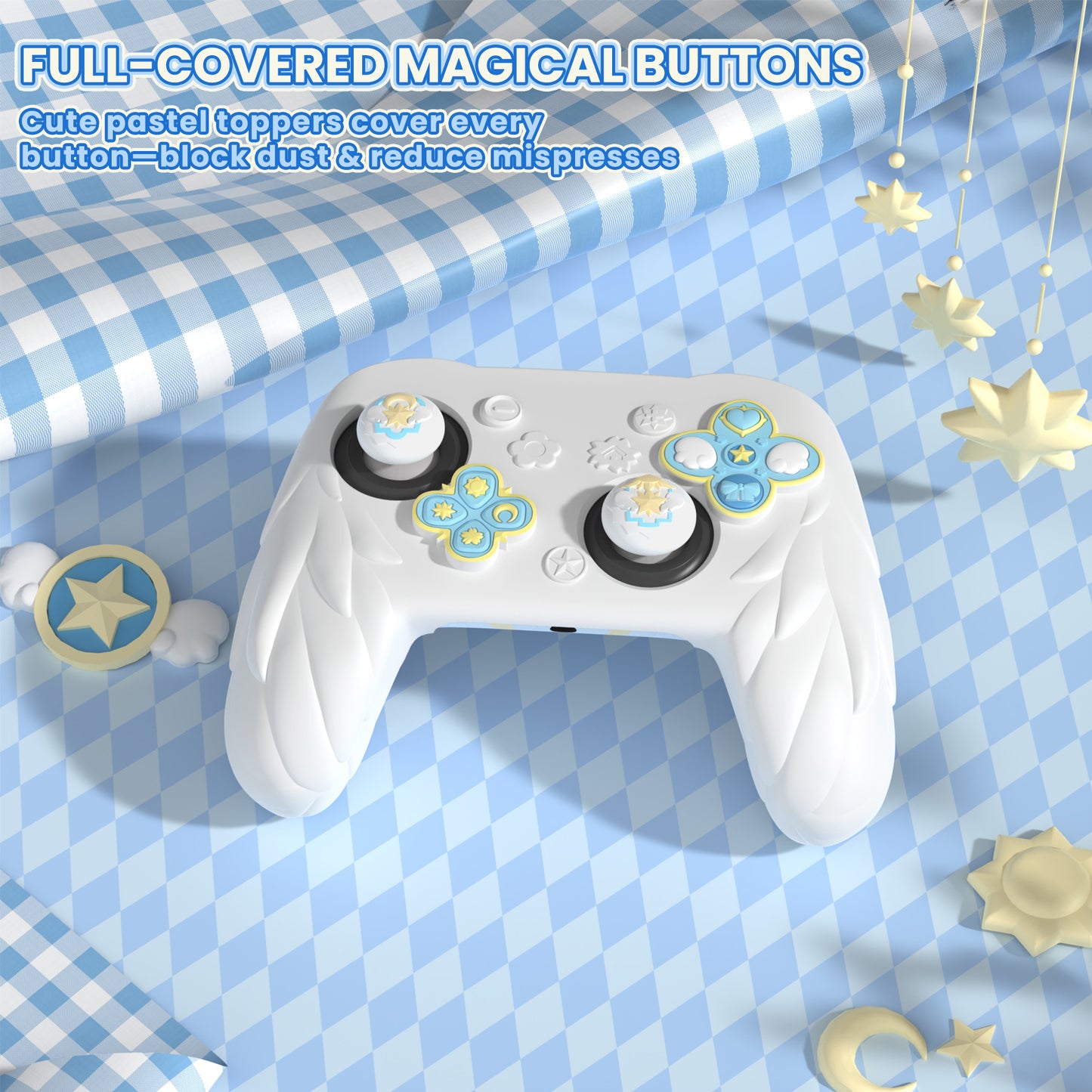 PlayVital 魔法の翼 シリコンカバー Nintendo Switch 2 Pro コントローラー用 バックボタンキャップ・サムグリップ・ステッカー付き 可愛い保護スキンケース【ホワイト】